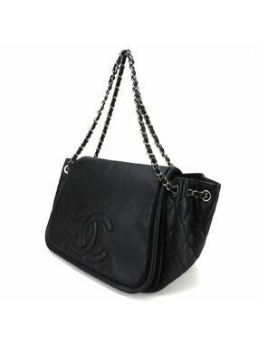 Chanel Shoulder Bag Chain Caviar Leather Black Silver Hardware